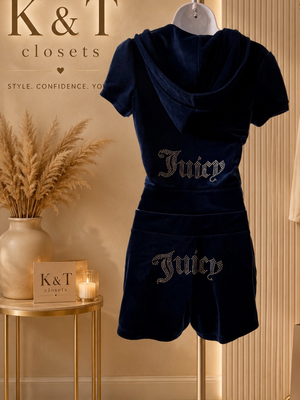 Juicy Couture Navy Velour Short Set with Rhinestone Juicy Logos